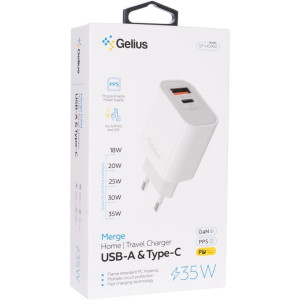 Мережевий зарядний пристрій Gelius Merge GP-HC060 GAN USB+Type-C 35W (QC/PD/PPS) White Мережевий зарядний пристрій Gelius Merge GP-HC060 GAN USB+Type-C 35W (QC/PD/PPS) White