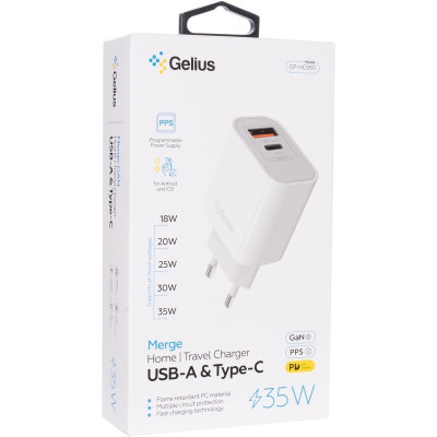 Мережевий зарядний пристрій Gelius Merge GP-HC060 GAN USB+Type-C 35W (QC/PD/PPS) White