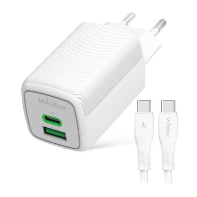 Мережевий зарядний пристрій (адаптер) 2в1 WALKER WH-75 GAN 65W + Data Cable Type-C to Type-C white