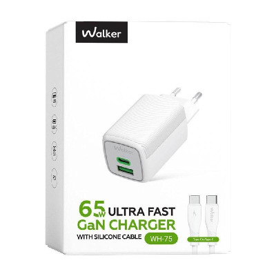 Мережевий зарядний пристрій (адаптер) 2в1 WALKER WH-75 GAN 65W + Data Cable Type-C to Type-C white Мережевий зарядний пристрій (адаптер) 2в1 WALKER WH-75 GAN 65W + Data Cable Type-C to Type-C white