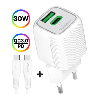Мережевий зарядний пристрій (адаптер) 2в1 WALKER WH-71 GAN 30W + Data Cable Type-C to Type-C white Мережевий зарядний пристрій (адаптер) 2в1 WALKER WH-71 GAN 30W + Data Cable Type-C to Type-C white