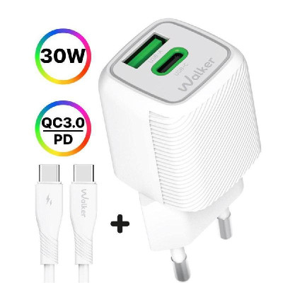 Мережевий зарядний пристрій (адаптер) 2в1 WALKER WH-71 GAN 30W + Data Cable Type-C to Type-C white