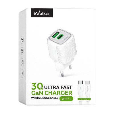 Мережевий зарядний пристрій (адаптер) 2в1 WALKER WH-71 GAN 30W + Data Cable Type-C to Type-C white Мережевий зарядний пристрій (адаптер) 2в1 WALKER WH-71 GAN 30W + Data Cable Type-C to Type-C white