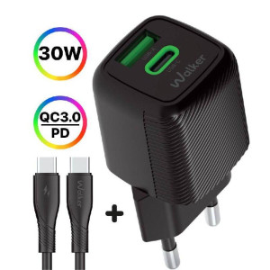 Мережевий зарядний пристрій (адаптер) 2в1 WALKER WH-71 GAN 30W + Data Cable Type-C to Type-C black Мережевий зарядний пристрій (адаптер) 2в1 WALKER WH-71 GAN 30W + Data Cable Type-C to Type-C black