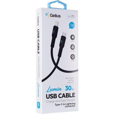 Кабель USB Gelius Lumin Lamp GP-UC100 Type-C to Lightning (2m) (30W) Black