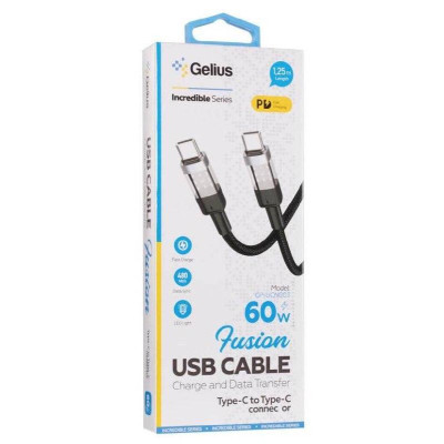 Кабель USB Gelius Fusion GP-UCN003 (Incredible series) Type-C/Type-C (1.25m) (60W) Black Кабель USB Gelius Fusion GP-UCN003 (Incredible series) Type-C/Type-C (1.25m) (60W) Black