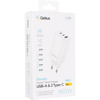 Мережевий зарядний пристрій Gelius Elevaro GP-HC065 65W USB+2Type-C (QC/PD/PPS) White Мережевий зарядний пристрій Gelius Elevaro GP-HC065 65W USB+2Type-C (QC/PD/PPS) White