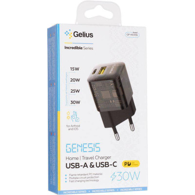 Мережевий зарядний пристрій Gelius Genesis GP-HC055 USB+Type-C 30W GaN (Incredible series) Transparent Black Мережевий зарядний пристрій Gelius Genesis GP-HC055 USB+Type-C 30W GaN (Incredible series) Transparent Black